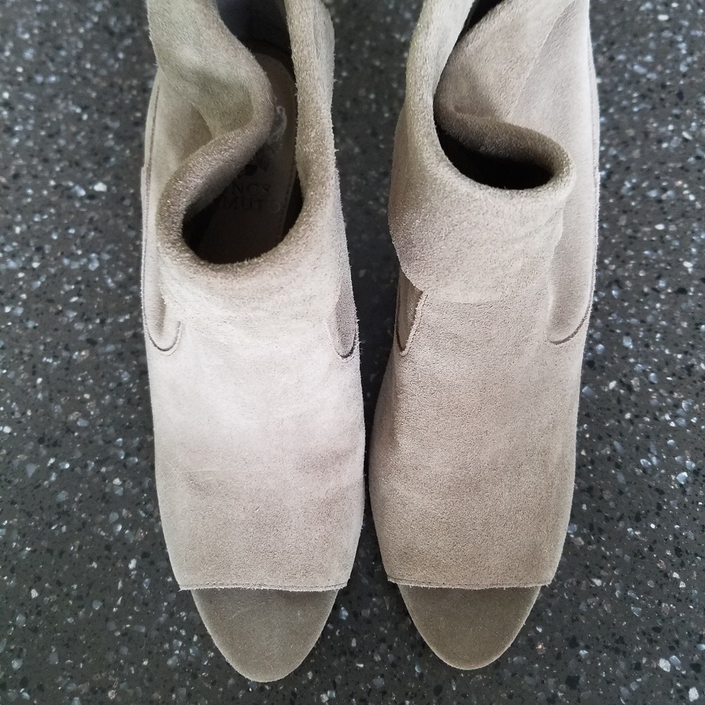 Vince Camuto open toe microsuede taupe booties